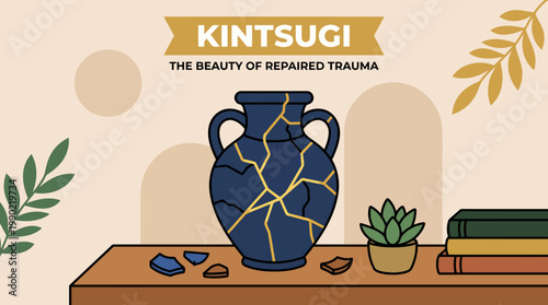 Kintsugi Japanese pottery repair art with gold lacquer.