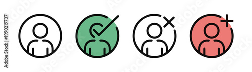 set of user icons with various statuses, each in a black outline circle on a transparent background.
