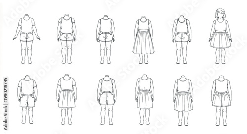 Fashion technical drawing set of 12 female clothing templates, flat sketch garment silhouettes, apparel design mockups for plus size women
