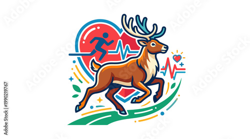 Deer running with heart and heartbeat graphic illustration.