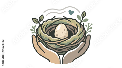 Hands gently holding a bird nest with an egg inside.