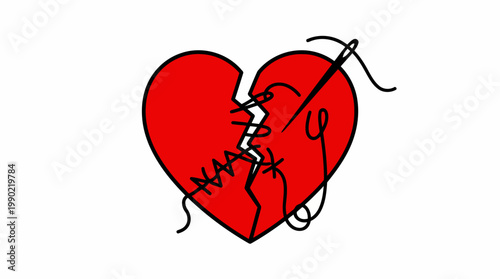 Broken Heart Being Repaired With Needle and Thread.