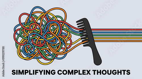 Comb untangling colorful tangled threads representing complex thoughts.