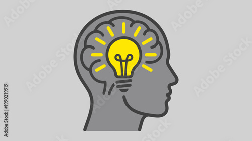 Human head profile with a bright light bulb illuminating inside the brain symbolizing an idea.
