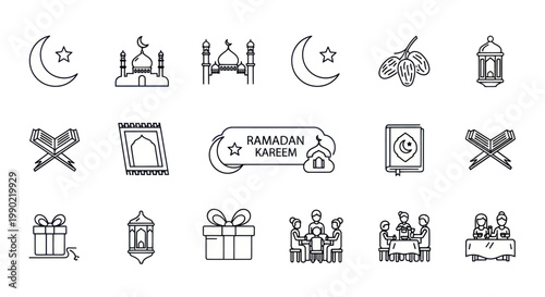 Ramadan Kareem Icons: Moon, Mosque, Dates, Quran, Prayer Mat, Gifts, Family Gathering