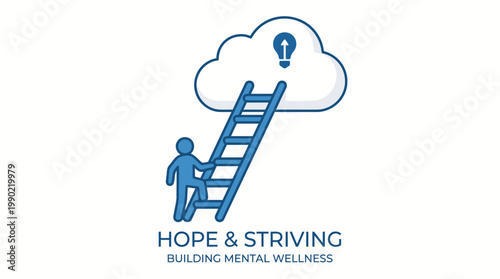 Person climbing ladder towards lightbulb in cloud representing mental wellness.