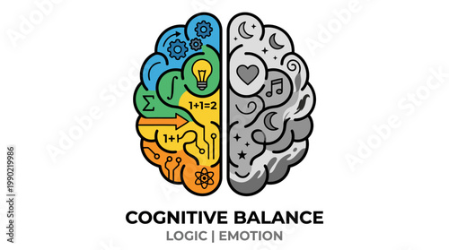 Brain divided into logic and emotion hemispheres with symbols.