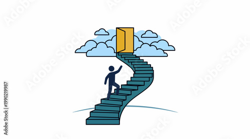 Person climbing stairs towards a glowing door in the clouds symbolizing opportunity and success.