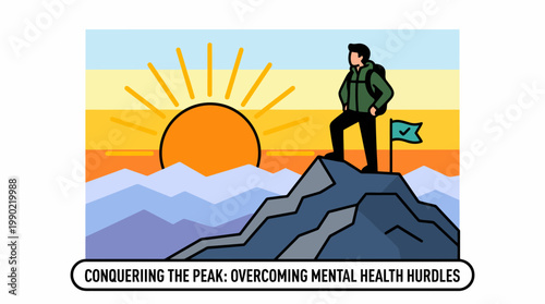 Man standing on mountain peak with flag at sunrise.