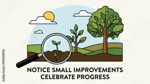 Magnifying glass examines tiny plant seedling growing in soil.