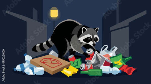 Raccoon foraging through trash in an alley at night.