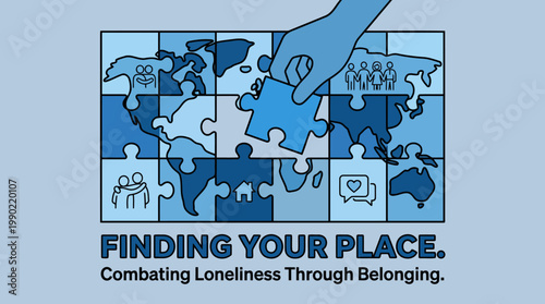 Hand placing last puzzle piece on world map representing belonging and combating loneliness.