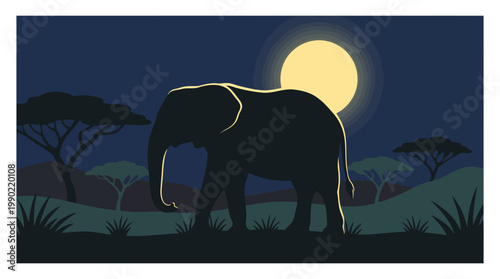 Silhouette of an elephant standing under the moonlit night sky.