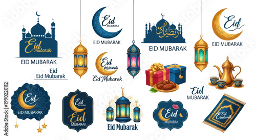 Eid Mubarak Collection: Islamic Symbols, Lanterns, Gifts, and Crescent Moon Decorations