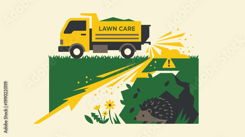 Lawn care truck spraying pesticides on garden and hedgehog.