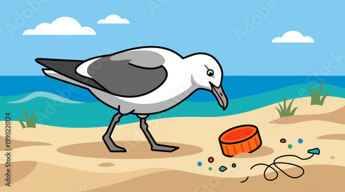 Seagull inspects plastic trash on a sandy beach near the ocean.