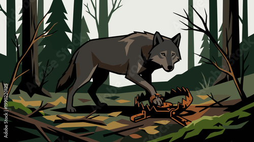 A wolf hunts a scorpion in a forest setting.