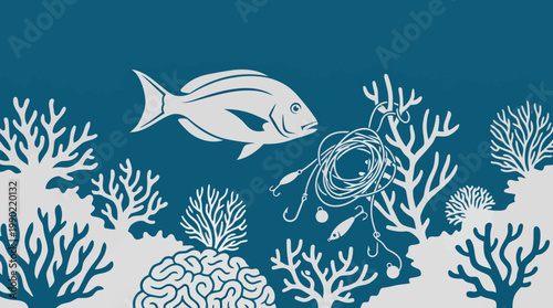 Fish swimming near tangled fishing line and coral reef.