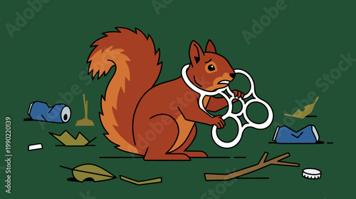 Red Squirrel Wearing Plastic Ring Holding Plastic Rings.