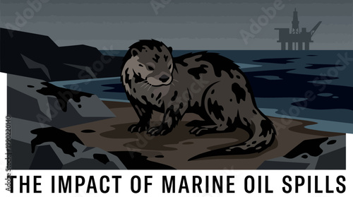 Otter covered in oil near a polluted coastline with offshore oil rig.