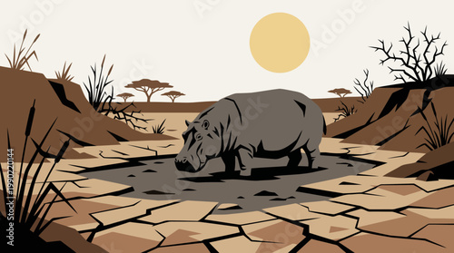 Hippopotamus standing in a dried up riverbed under the sun.