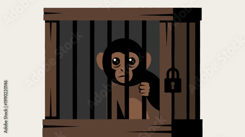 Sad Monkey Trapped Inside Wooden Cage Locked With Padlock.