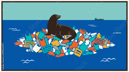 Seal sits on a pile of plastic trash in the ocean.