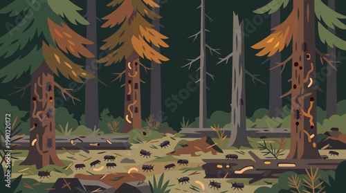 Forest scene with dead trees and fallen logs.