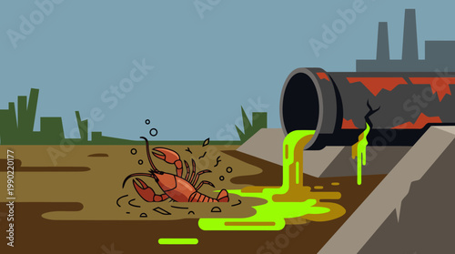 Toxic waste flowing from industrial pipe into polluted environment.