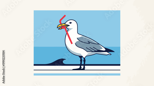 Seagull with plastic straw in beak environmental pollution concept.