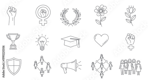 Feminism Icons: Fist, Venus Symbol, Laurel Wreath, Flowers, Trophy, Idea, Graduation Cap, Heart