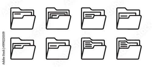 Line art folder icons with documents inside for data organization and filing systems in modern vector style.