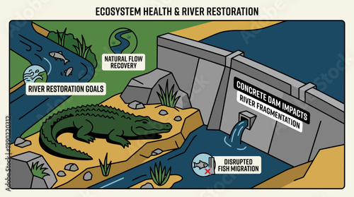Ecosystem Health and River Restoration Illustrating Dam Impacts.