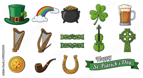 St. Patrick's Day Icons: Hat, Pot of Gold, Shamrock, Harp, Violin, Celtic Cross, Beer