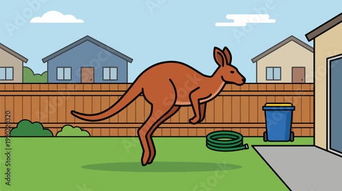 Kangaroo Jumping in a Suburban Backyard Scene.