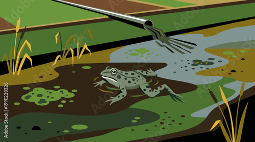 Frog in polluted water near agricultural field.