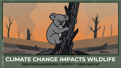 Sad Koala Clinging to Tree After Wildfire.
