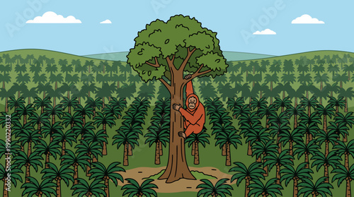 Orangutan climbing a tall tree in a dense forest.