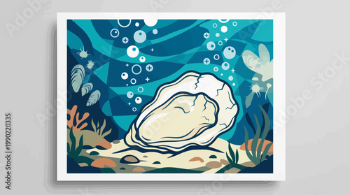 Stylized illustration of a single oyster in its shell underwater.
