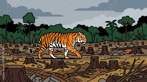 Tiger walks through deforested jungle habitat illustration.
