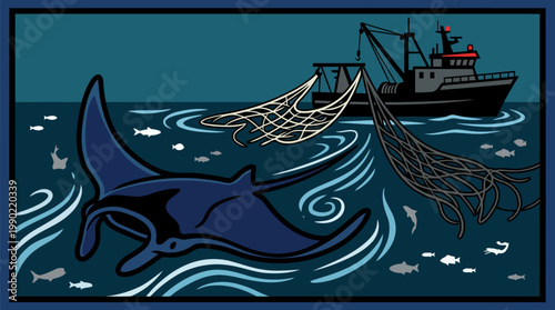 Manta ray swimming near fishing net and boat at sea.