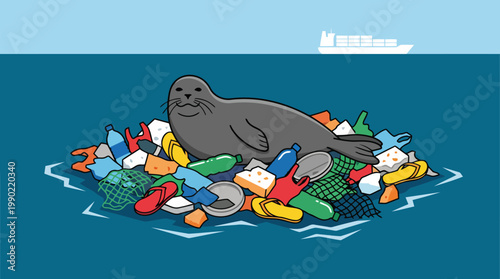 Seal resting on a raft of plastic pollution in the ocean.