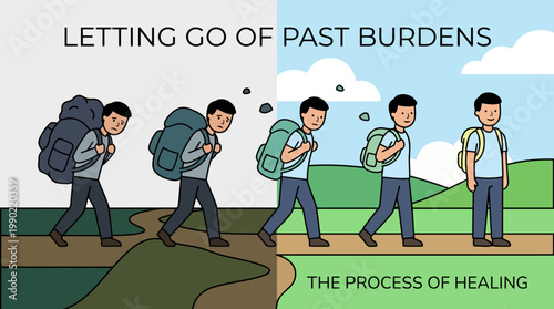 Man letting go of past burdens and healing journey.