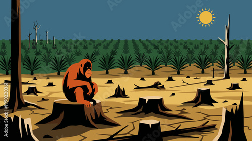 Orangutan sits alone on a tree stump in a deforested area.