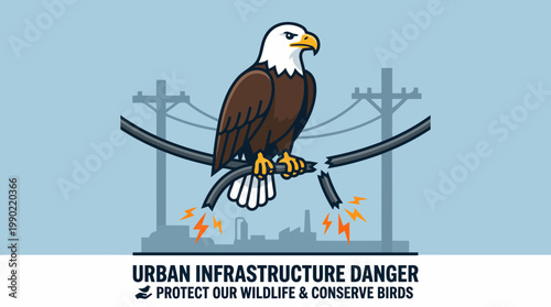 Bald Eagle Perched on Damaged Power Line with Sparks.