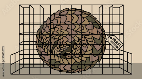 Pangolin curled up inside a cage with a wildlife tag.