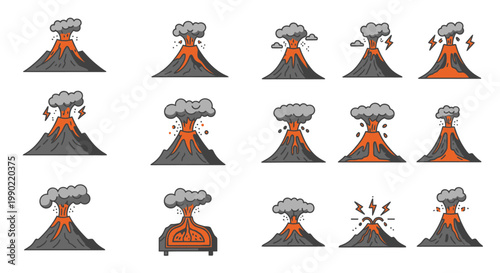 Volcano Eruption Icons Set: Lava, Smoke, Ash, Lightning, Explosion, Cross-section