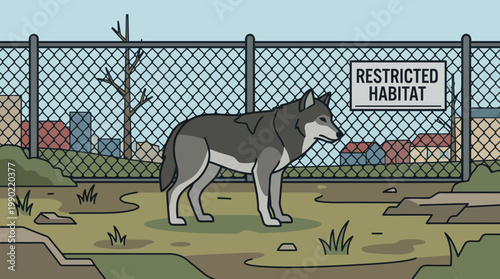 Wolf standing in a restricted habitat enclosure.