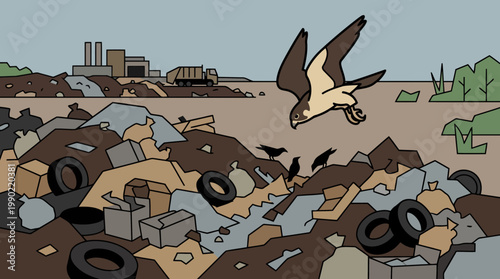 Bird flying over a large pile of trash and debris.