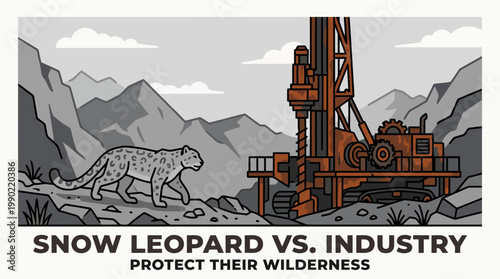 Snow leopard confronts industrial drilling rig in mountain wilderness.